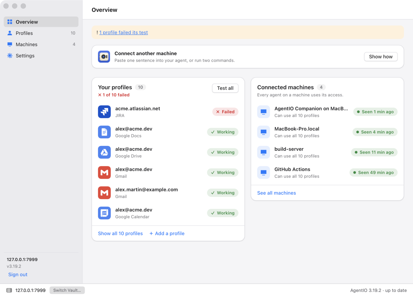The agentio Mac app: profiles with their test results, and the machines that use them