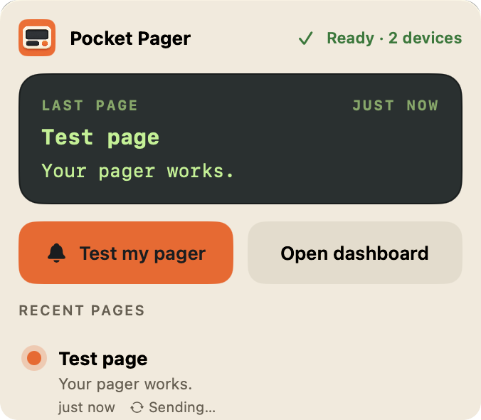 The Pocket Pager menu bar window: the last page and recent pages