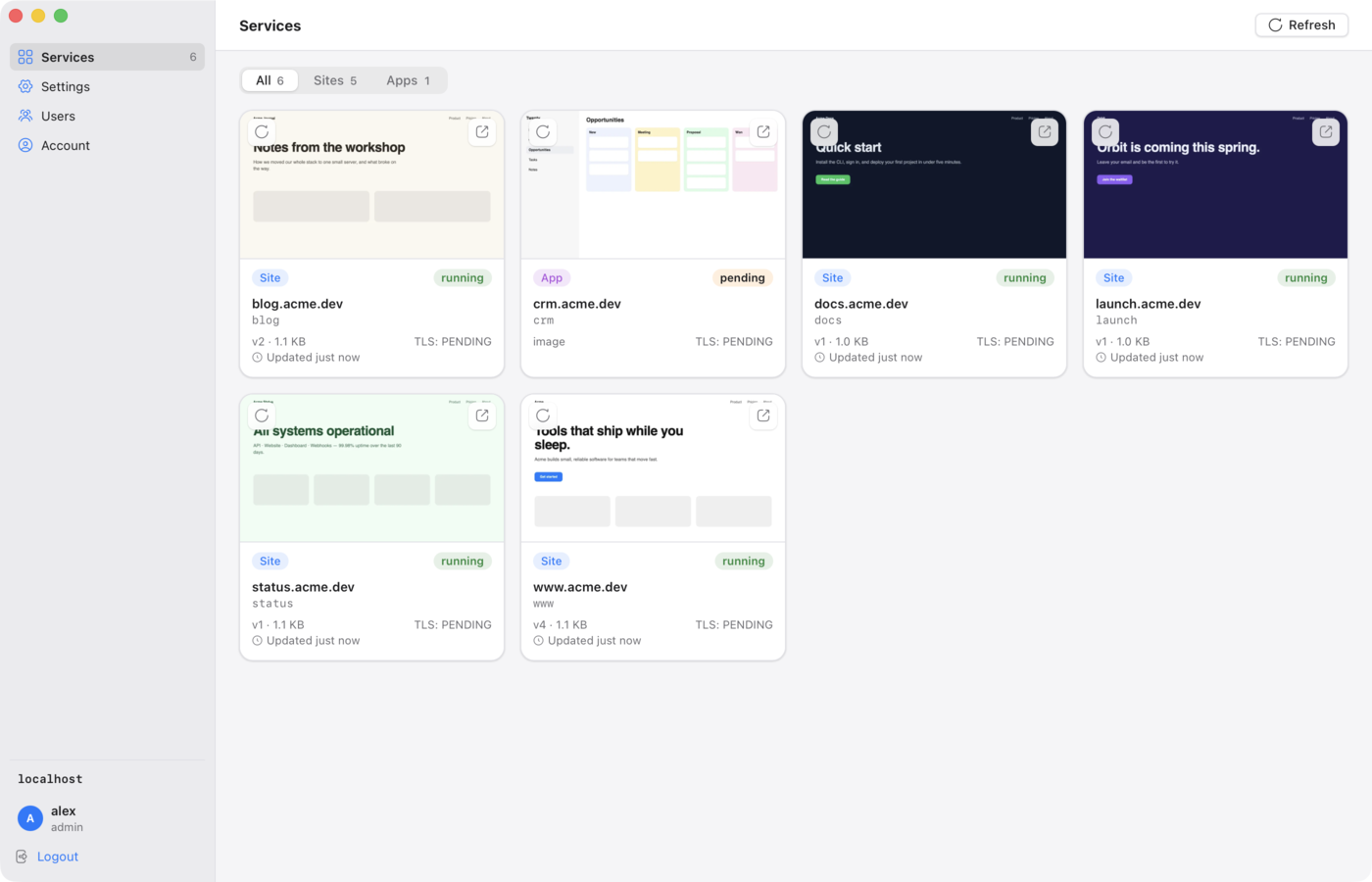 The siteio Mac app: the sites and apps on my server, with a preview of each